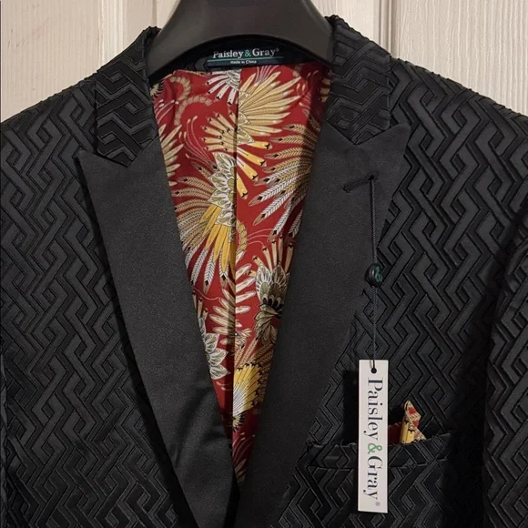 Paisley & Gray Black Textured Evening Blazer with Floral Red and Yellow Lining - Picture 2 of 8